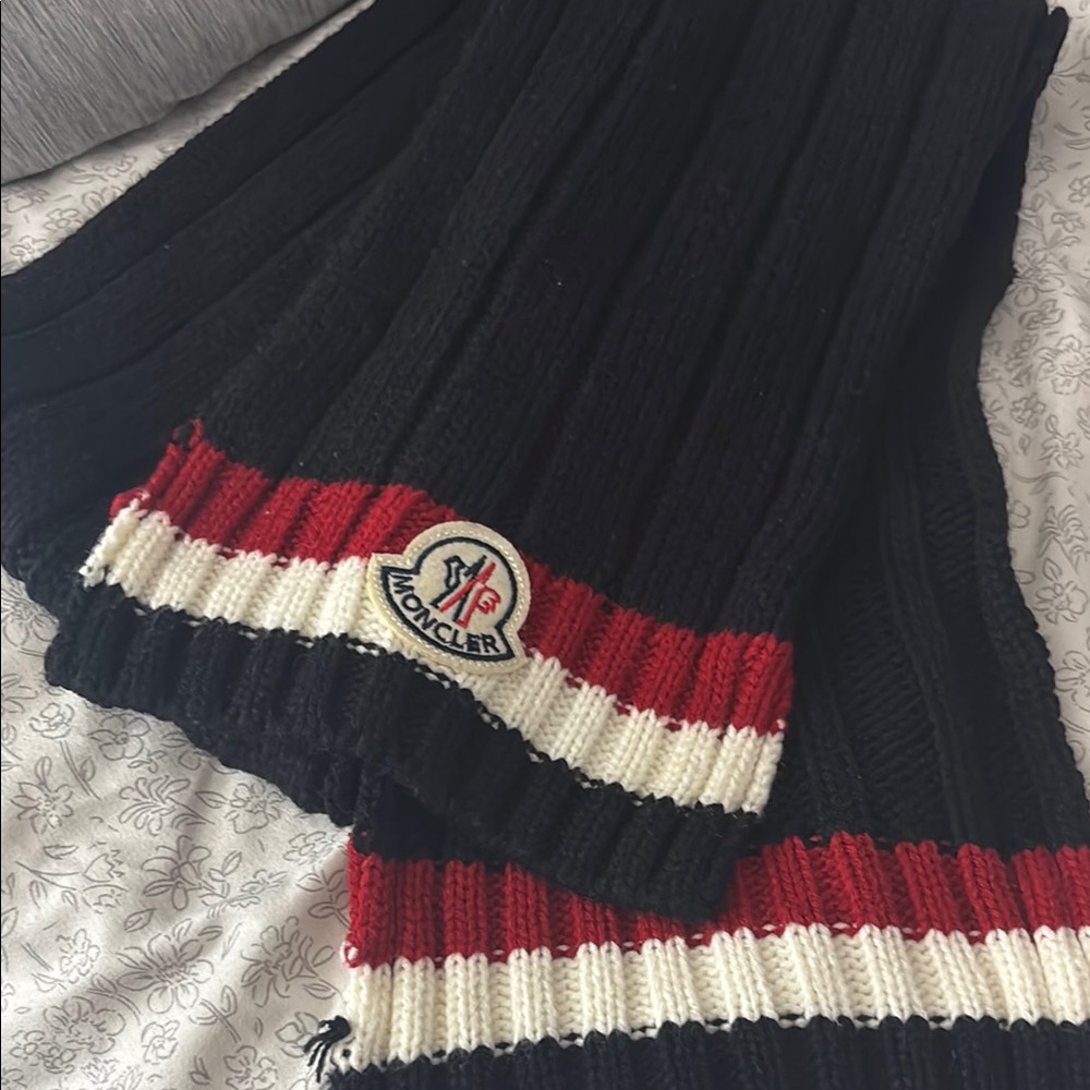 Moncler Black Knit Scarf with Red and White stripes